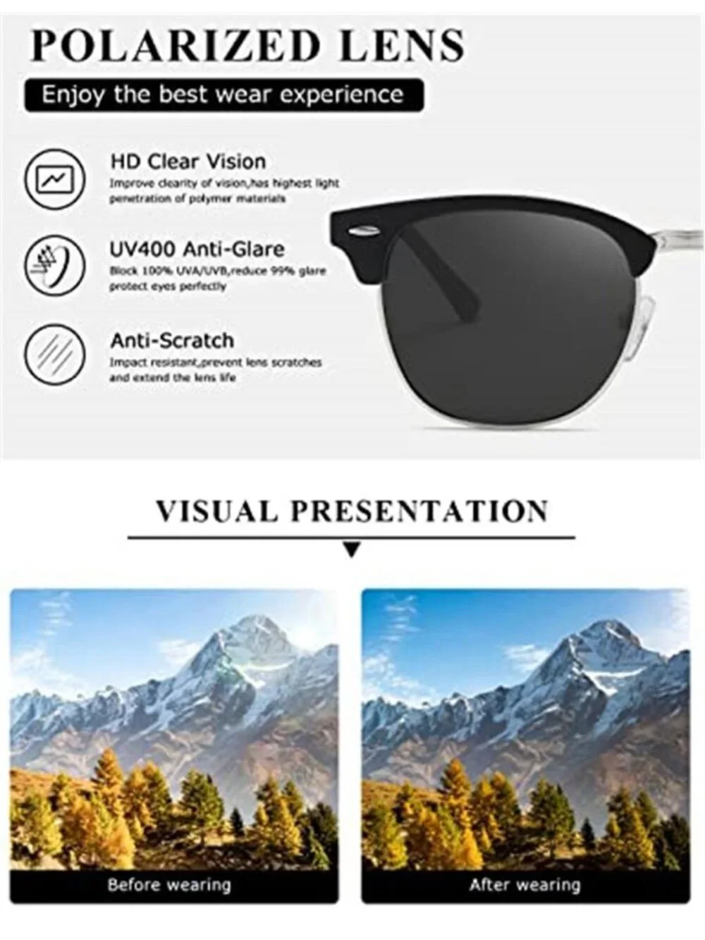 Black Polarized Sunglasses Unisex Retro Semi Rimless UV400 Classic Shades